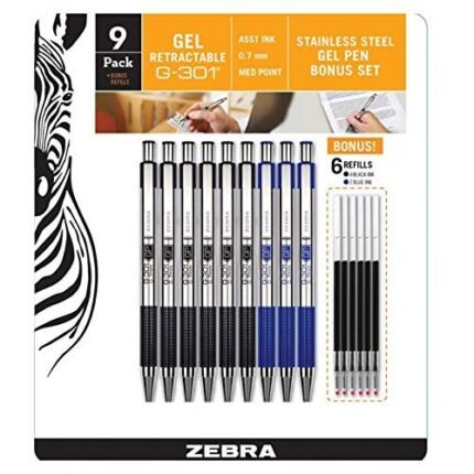 zebra g 301 gel stainless steel 9 pack w/6 refill cartridges image