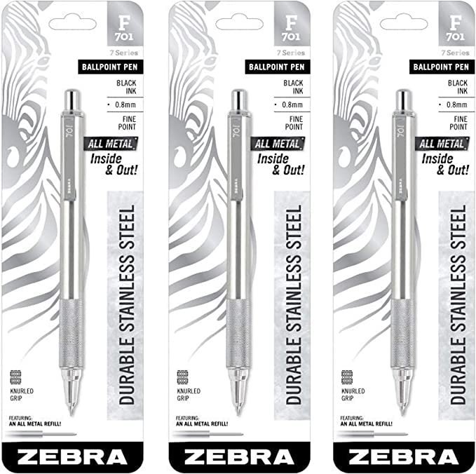 3 zebra f 701 ballpoint pens stainless steel with knurled grip image