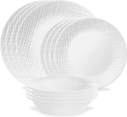 corelle embossed linen weave 16 piece dinnerware set image