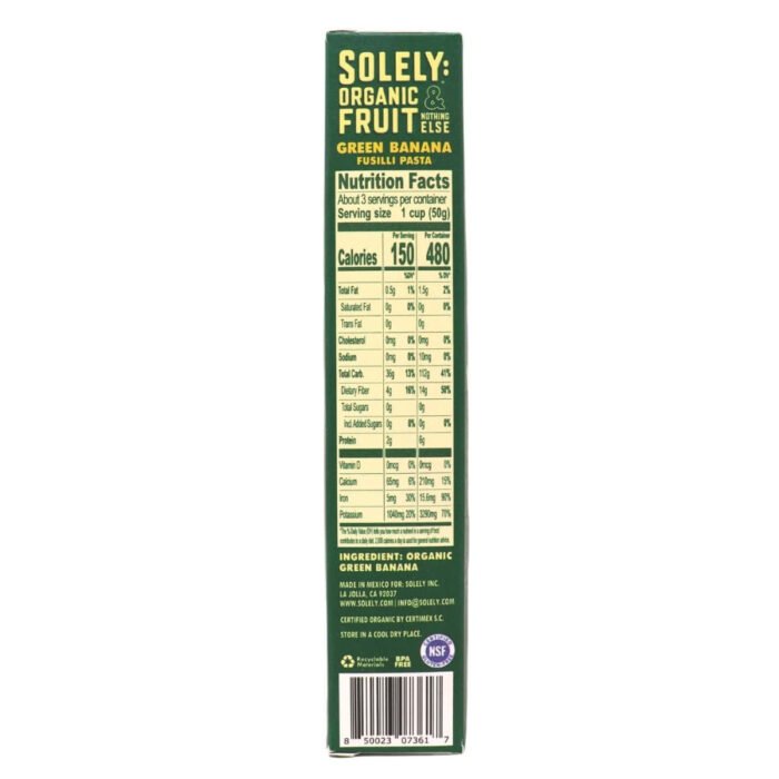 solely organic green banana fusilli pasta pack detail image