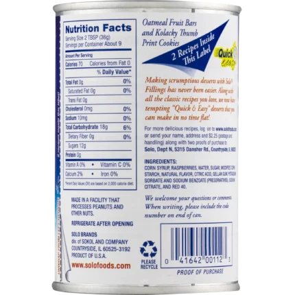 Solo Raspberry Filling Nutrition Facts