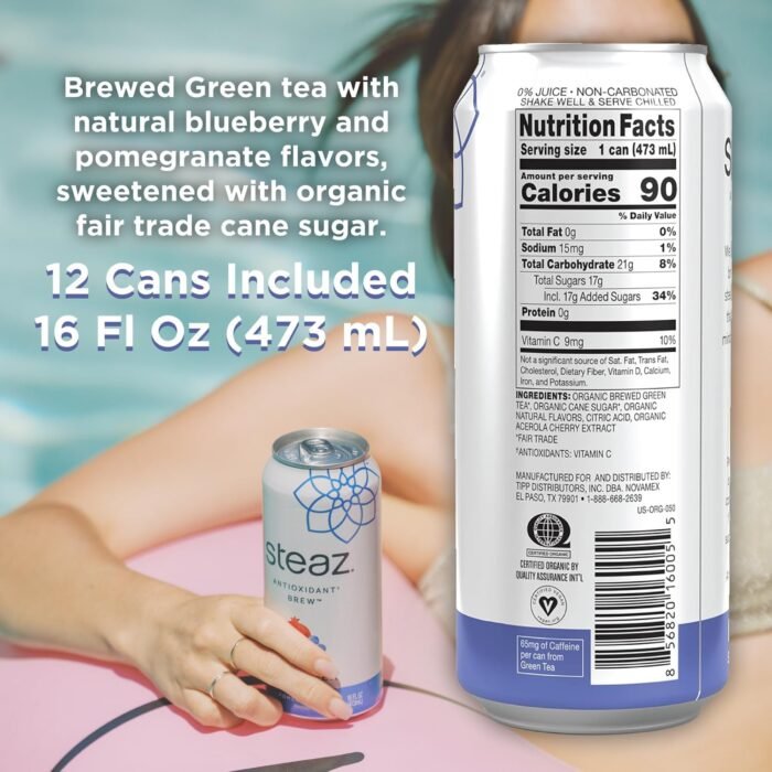 steaz organic green tea blueberry pomegranate can image