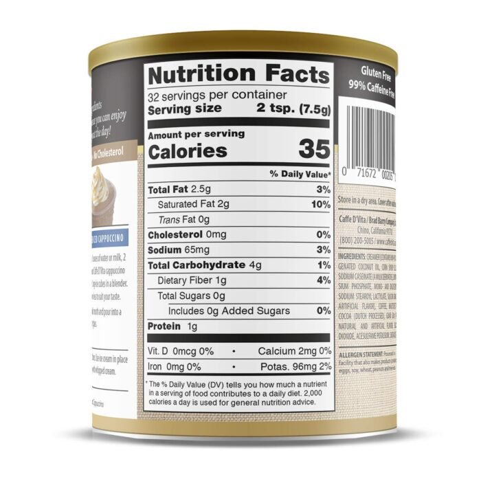 Caffe D'Vita Sugar-Free Mocha Cappuccino Mix Nutrition