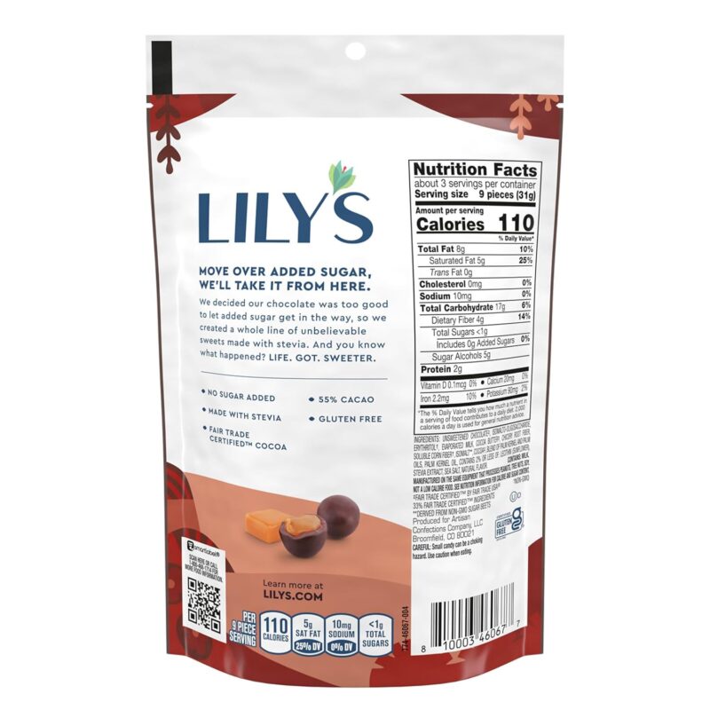 LILY'S No Sugar Added Dark Chocolate Caramels Nutrition Facts