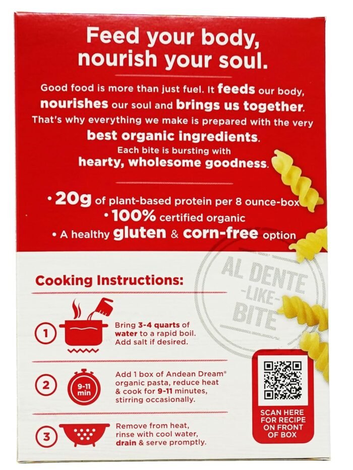andean dream organic quinoa fusilli pasta pack