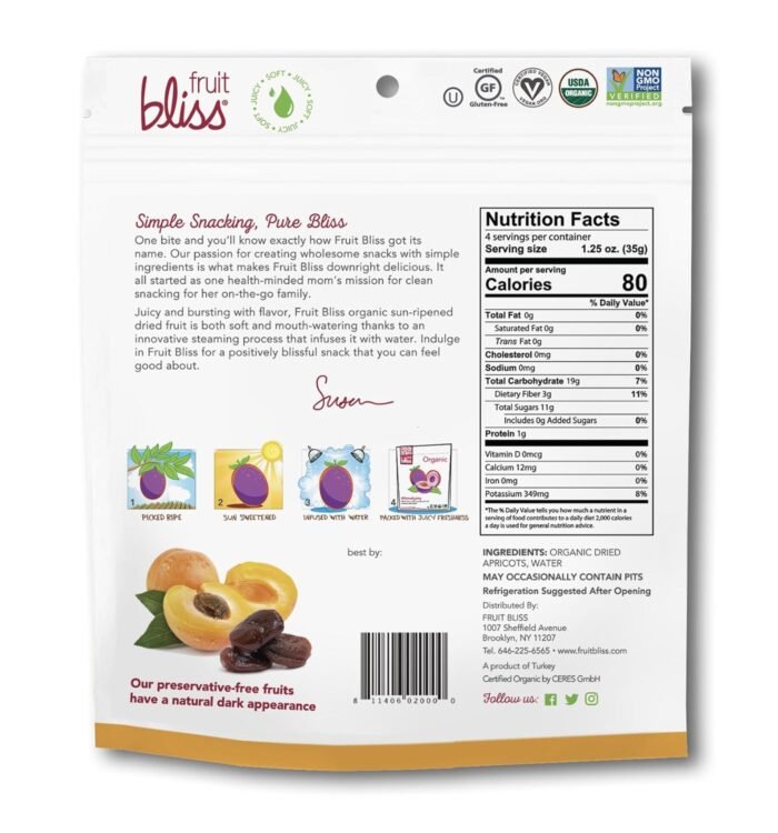fruit bliss organic dried apricots fruit snacks pack