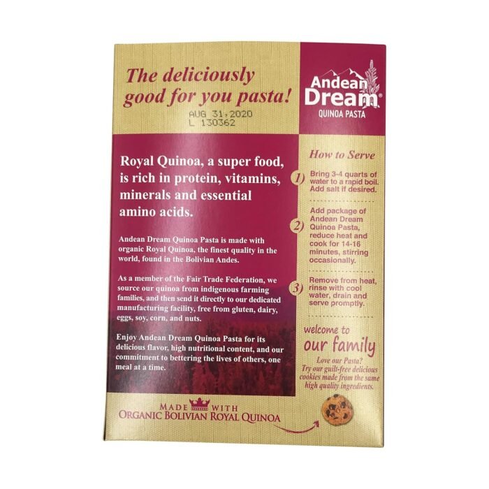 andean dream quinoa organic fusilli pasta pack