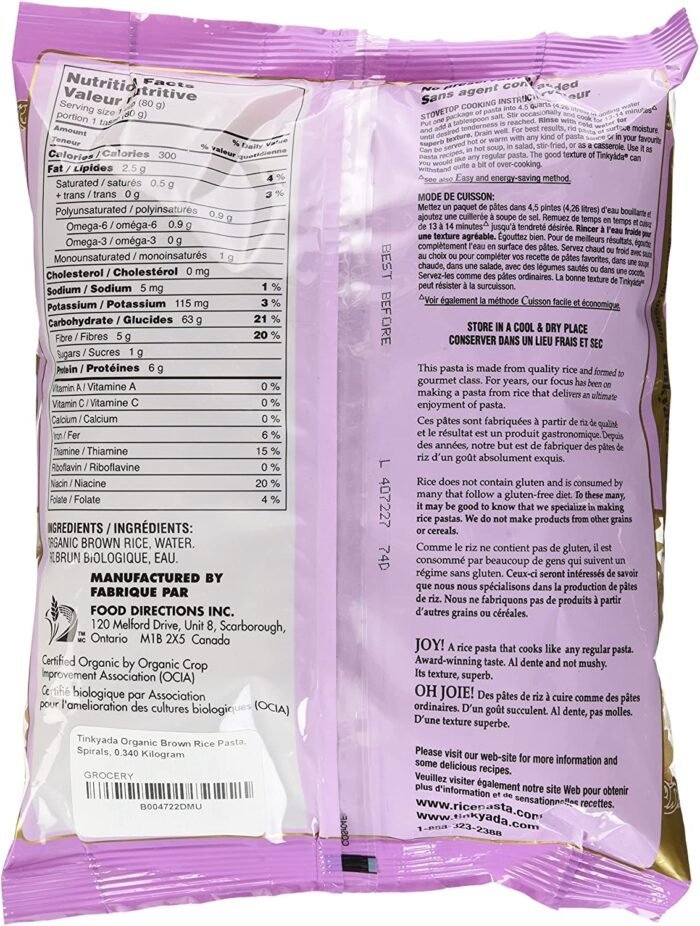 tinkyada organic brown rice spirals pasta pack