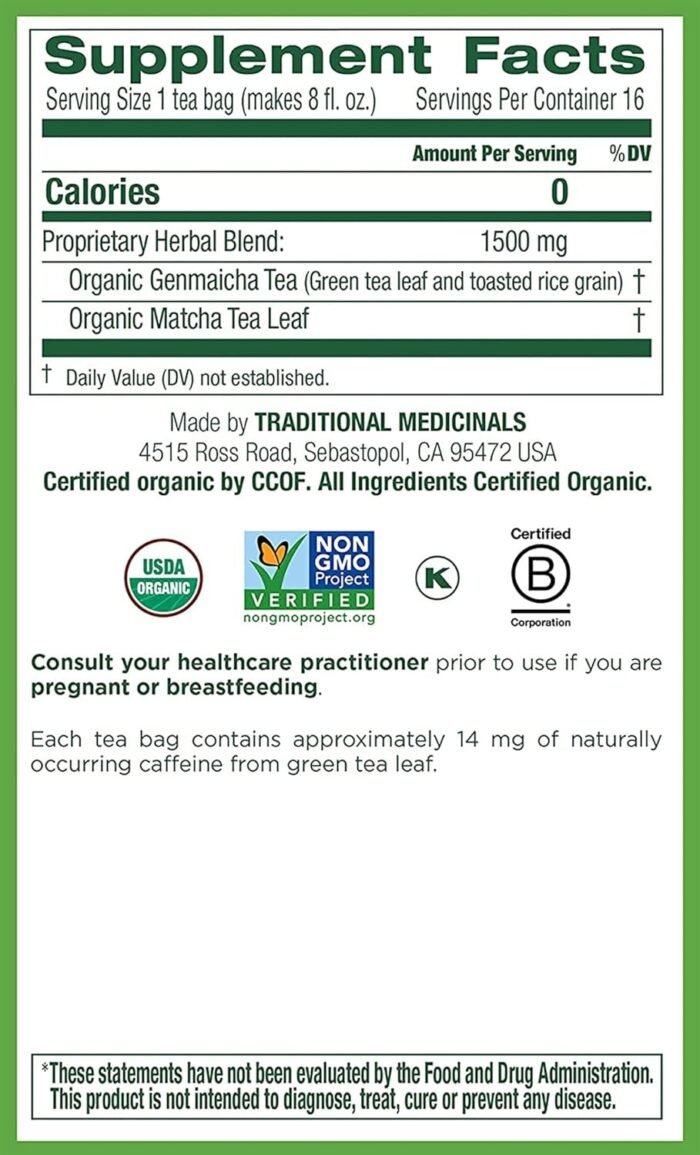 traditional medicinals organic green tea with toasted rice pack