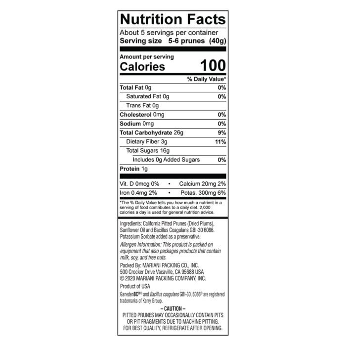 mariani probiotic pitted prunes pack