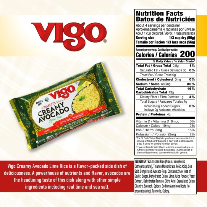 vigo authentic creamy avocado lime rice nutrition facts