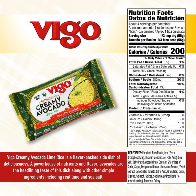 vigo authentic creamy avocado lime rice nutrition facts