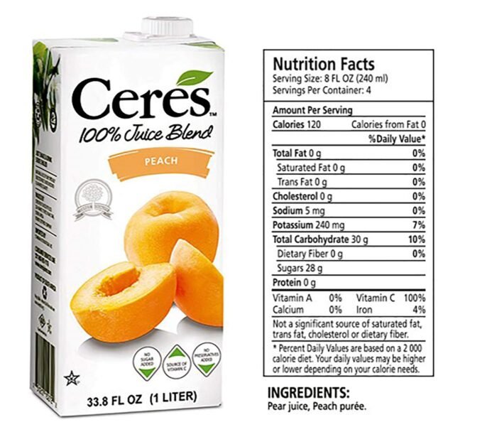 ceres 100% jucie blend peach pack