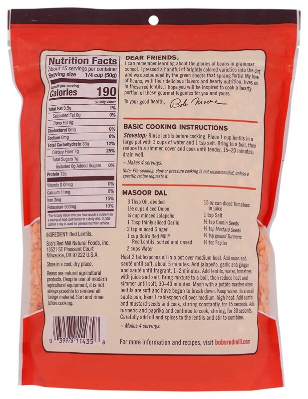 bobs red mill red lentil beans pack