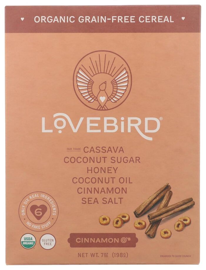 lovebird organic grain free o's cereal cinnamon 7 oz