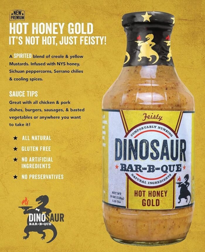 dinsoaur bar b que hot honey gold sauce