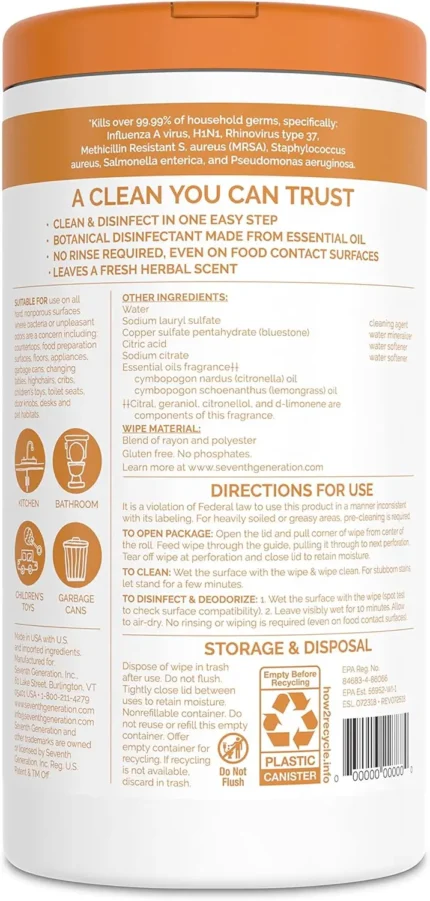 seventh generation disinfecting wipes lemongrass citrus 70 count