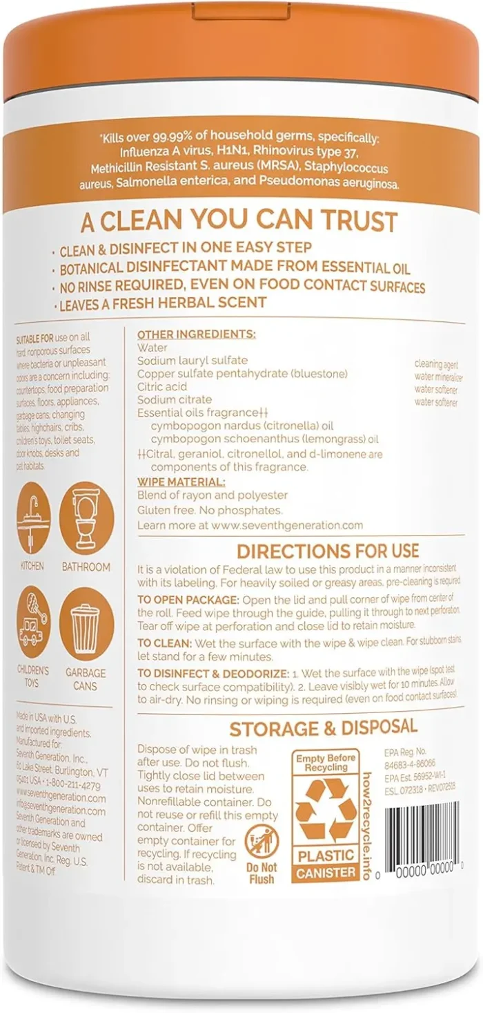 seventh generation disinfecting wipes lemongrass citrus 70 count