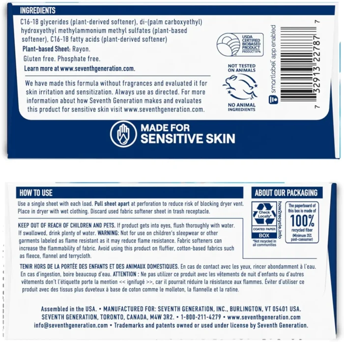 seventh generation favric sofrener sheets free & clear 80 count