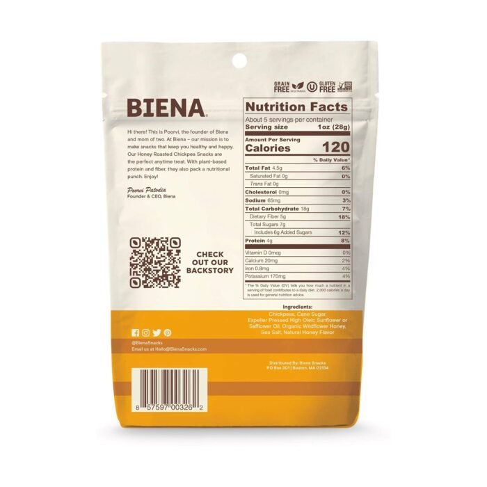 biena chickpea snacks honey roasted 5 oz pack