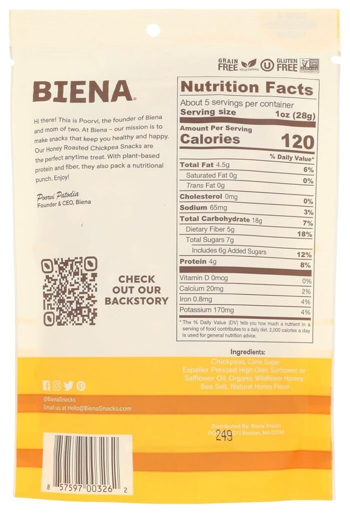 biena chickpea snacks honey roasted 5 oz pack