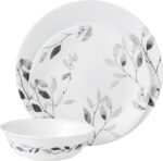 Corelle Vitrelle Misty Leaves Dinner Set, Grey, 12 Ct