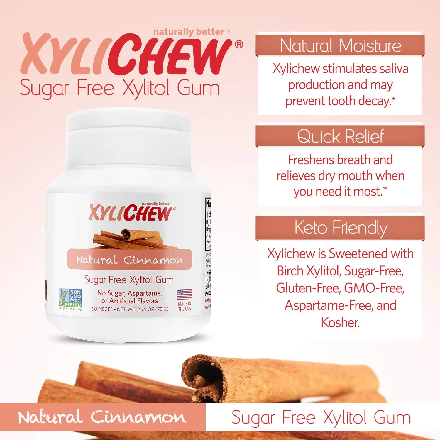 712HLxxnOnL._SL1500_ Xylichew Sugar Free Xylitol Gum, Natural Cinnamon, 60 Ct 2.75 Oz - Image 3
