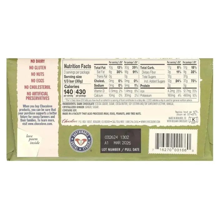 Chocolove Dairy & Gluten Free Ginger Crystallized Dark Chocolate, 3.2 Oz - Image 4