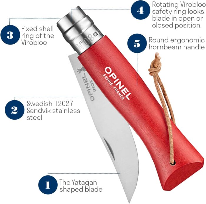 Opinel Stainless Steel Pocket Knife No. 8, Red - Image 4