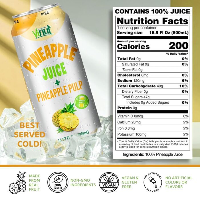 Vinut 100% Fruit Juice with Pulp, Pineapple 16.57 Fl Oz 24 Pack - Image 2