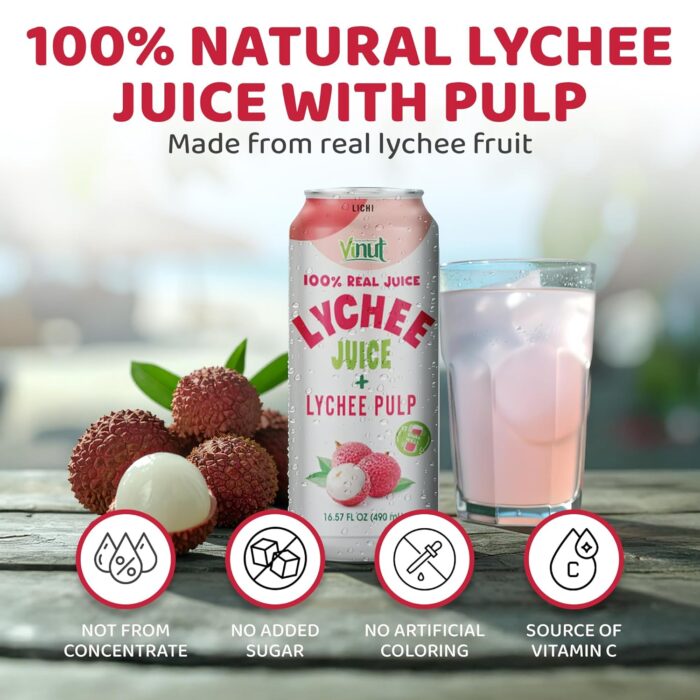 Vinut 100% Natural Lychee Juice Drink + Lychee  Pulp, 16.57 Fl Oz - Image 3