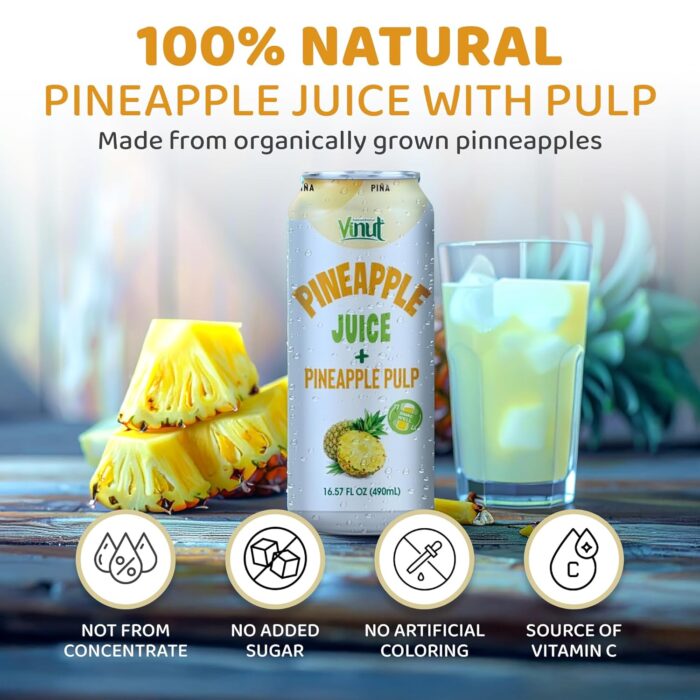 Vinut 100% Fruit Juice with Pulp, Pineapple 16.57 Fl Oz 24 Pack - Image 3