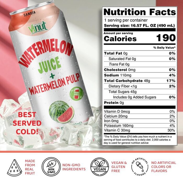 Vinut 100% Fruit Juice with Pulp, Watermelon 16.57 Fl Oz 6 Pack - Image 2