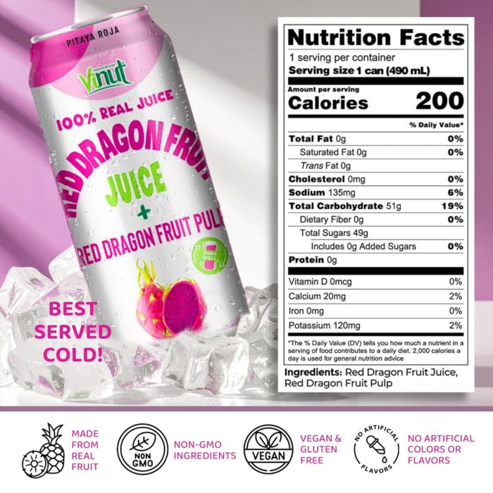 Vinut 100% Fruit Juice with Pulp, Red Dragon 16.57 Fl Oz 12 Pack - Image 2