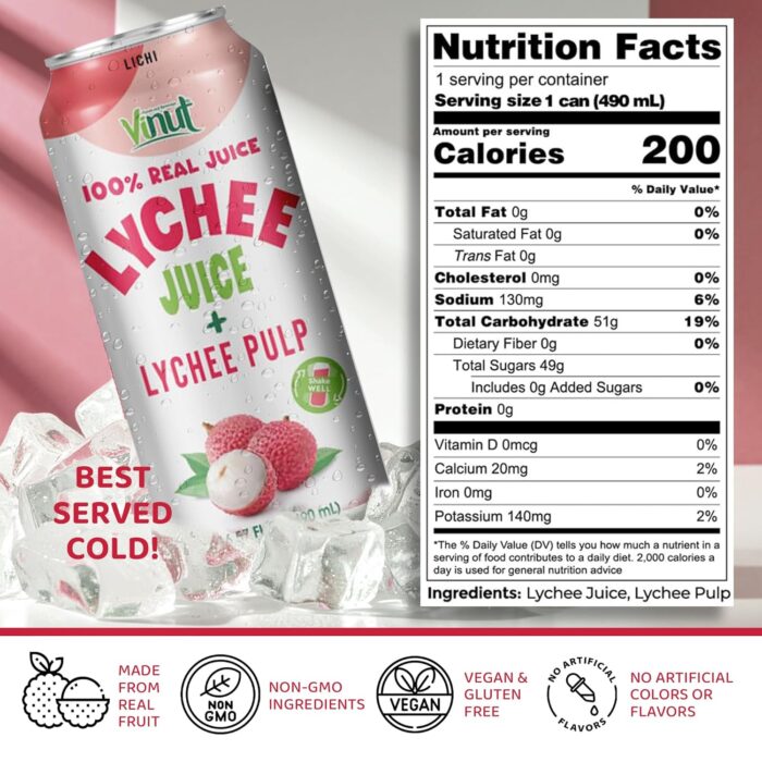 Vinut 100% Natural Lychee Juice Drink + Lychee  Pulp, 16.57 Fl Oz - Image 2