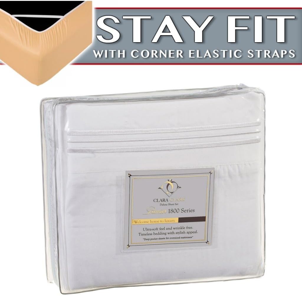 61Nf9s9tzBL._AC_SL1024_ Clara Clark Deluxe Sheet Set, Premier 1800 Series, Stay Fit with Corner Elastic Strap, Queen – White - Image 1